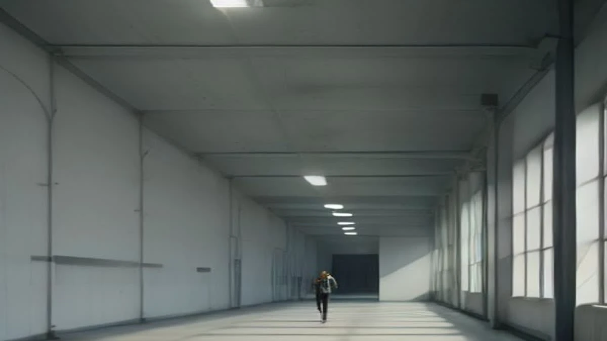 Engineers walking between rows of computing hardware in a bright industrial hall